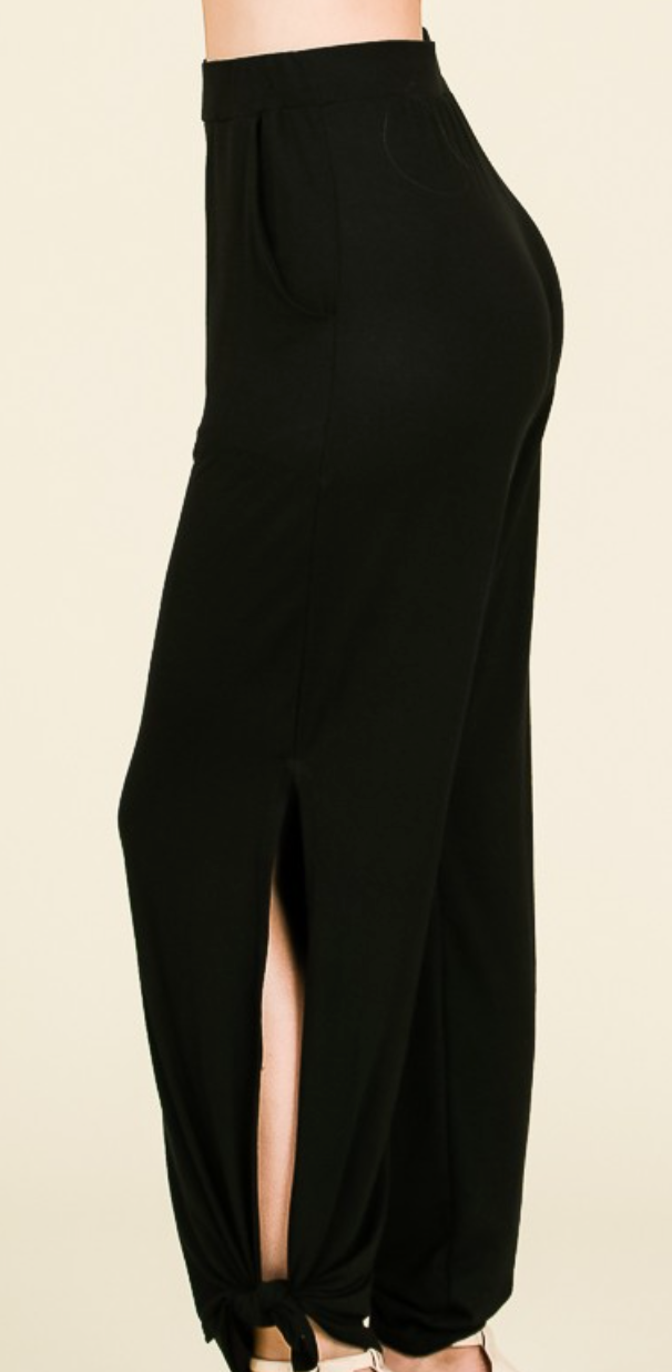 Split Side Tied Hem Pants BLACK