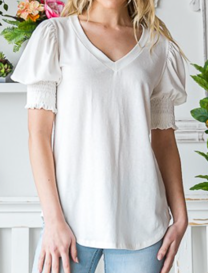 Lauren Smocked v~Neck WHITE