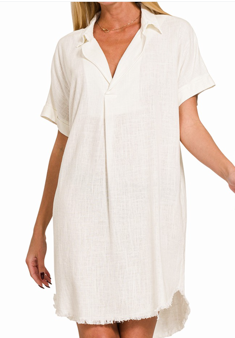 Matea Frayed Shirt Dress OFF WHITE