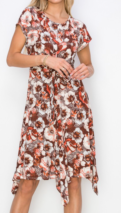 Floral Hanky Hem Dress BROWN