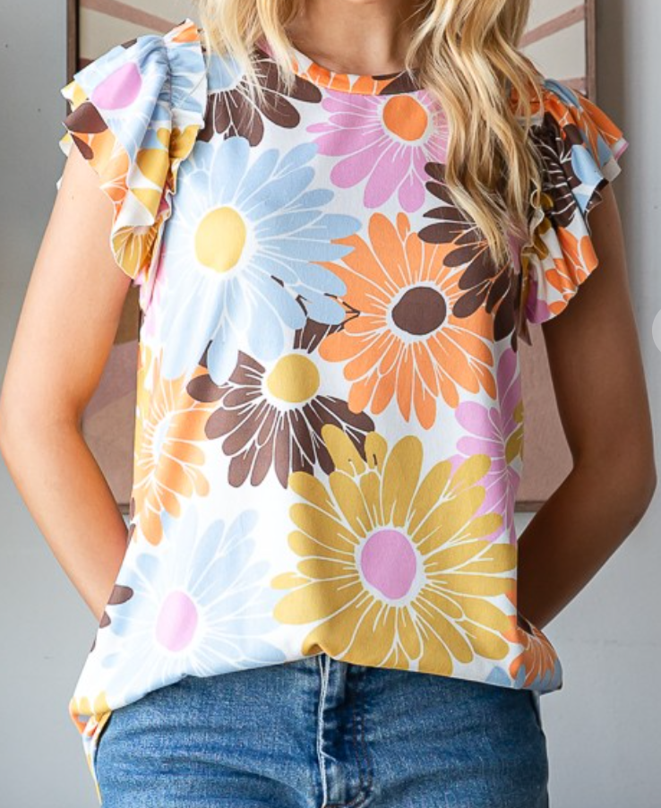 Floral Print Ruffle Sleeve MULTI