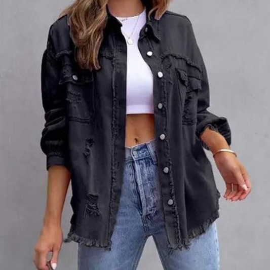 Distressed Denim Jacket BLACK