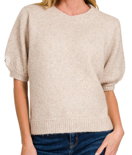 Melange Puff Sleeve Sweater BEIGE