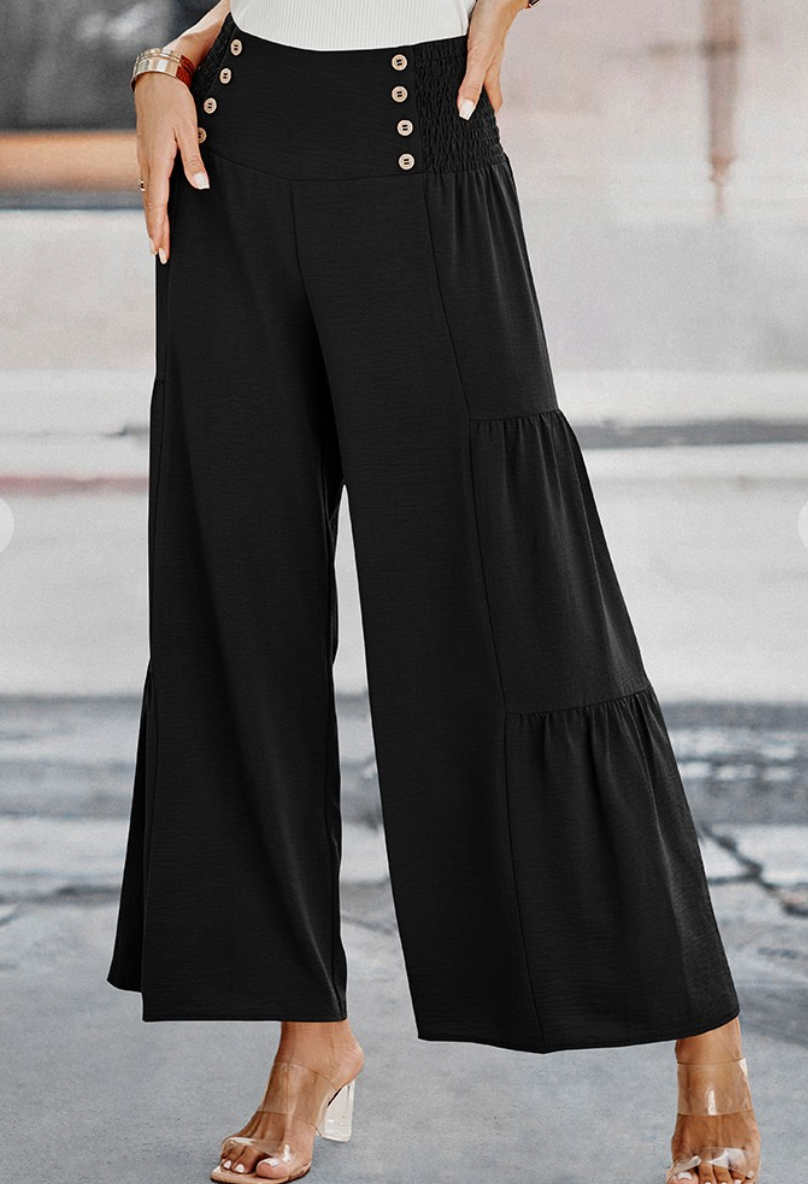 Ruffle Button Wide Leg Pant BLACK