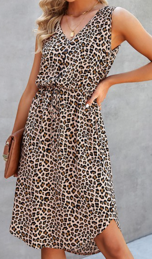 Sleeveless Leopard Midi Dress KHAKI