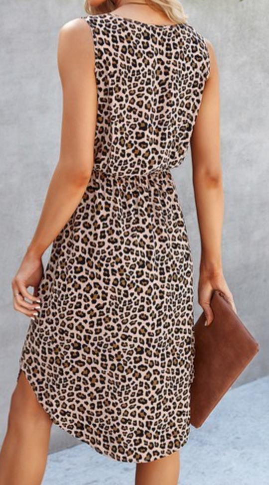 Sleeveless Leopard Midi Dress KHAKI