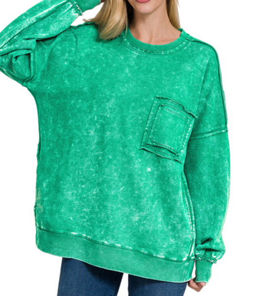 F/Terry Acid Wash Pocket Sweatshirt K GREEN