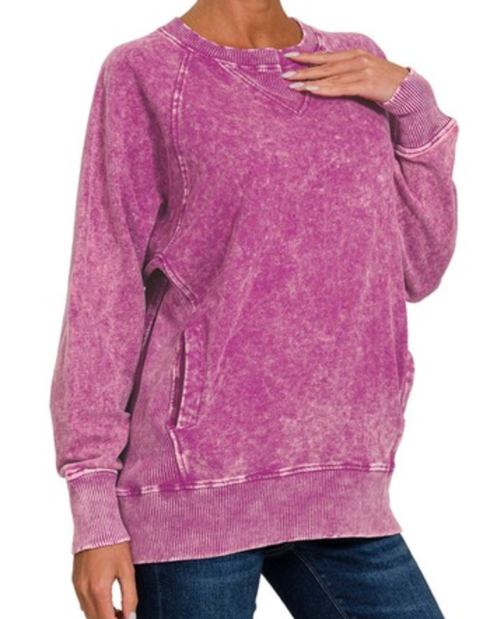 PS Acid Wash Pocketed Pullover PLUM