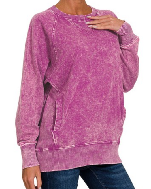 PS Acid Wash Pocketed Pullover PLUM