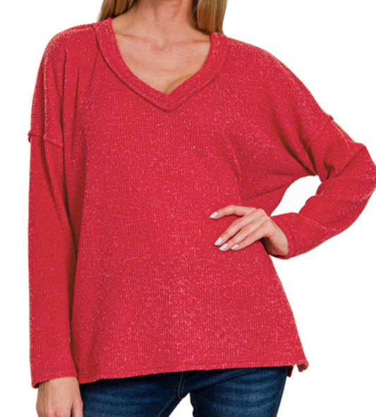 V~Neck Brushed Rib RUBY