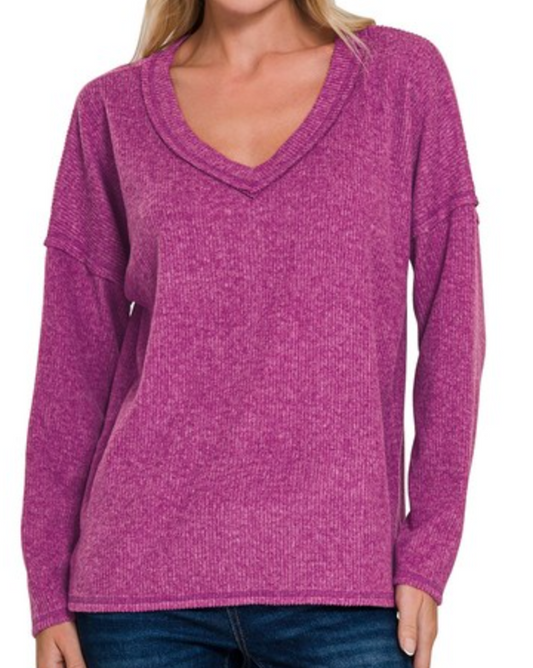 V~Neck Brushed Rib PLUM