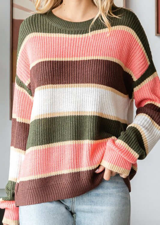 Striped Long Sleeve Sweater OLIVE