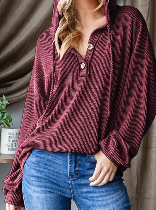 Urban Rib Button Down Hoodie BURGUNDY