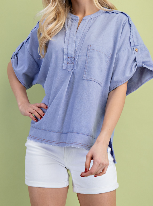 Fray Washed Linen Roll Sleeve PERIWINKLE