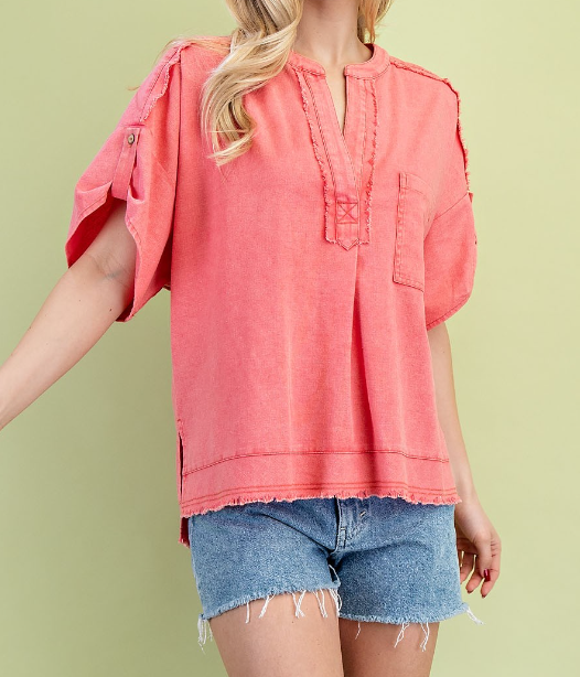 Fray Washed Linen Roll Sleeve CORAL