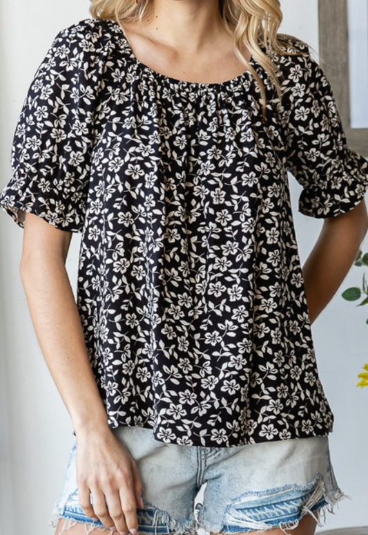 Floral On/Off Shoulder Blouse B&W