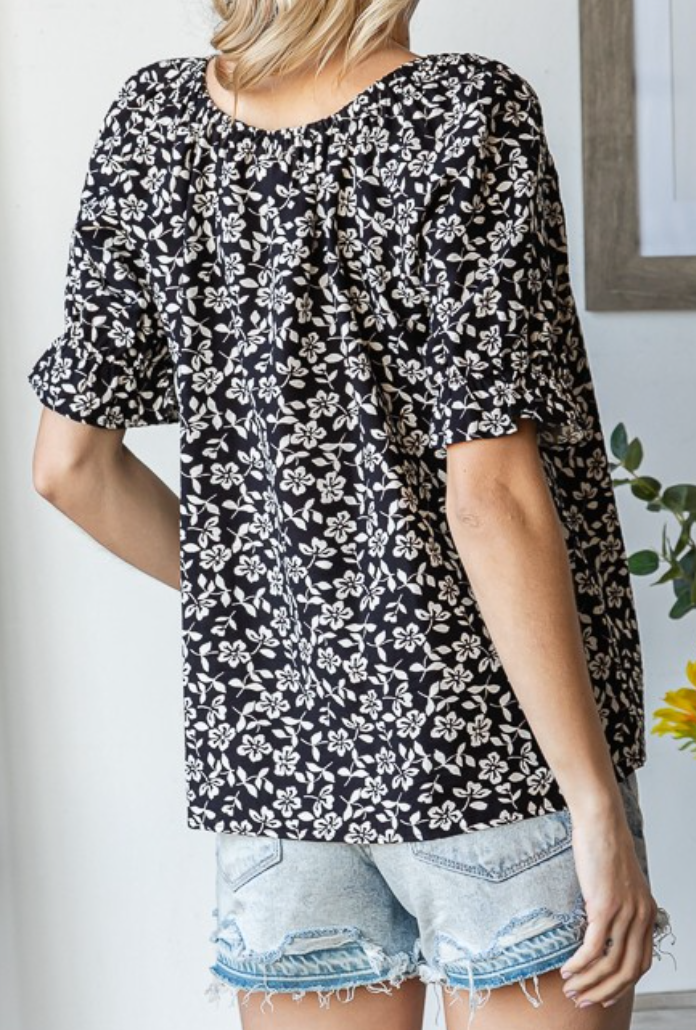 Floral On/Off Shoulder Blouse B&W