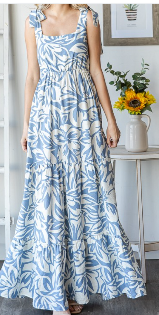 Floral Shoulder Tie Tiered Maxi Dress DENIM