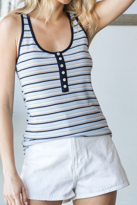 Stripe Button Front Tank NAVY