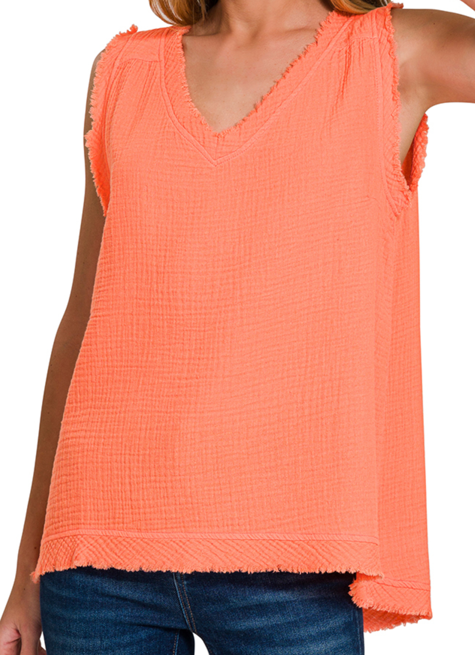 Double Gauze Raw Edge Tank CORAL