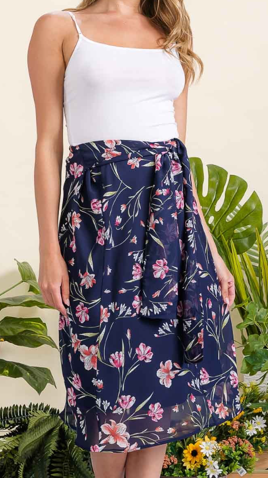 Floral Aline Chiffon Midi Skirt NAVY