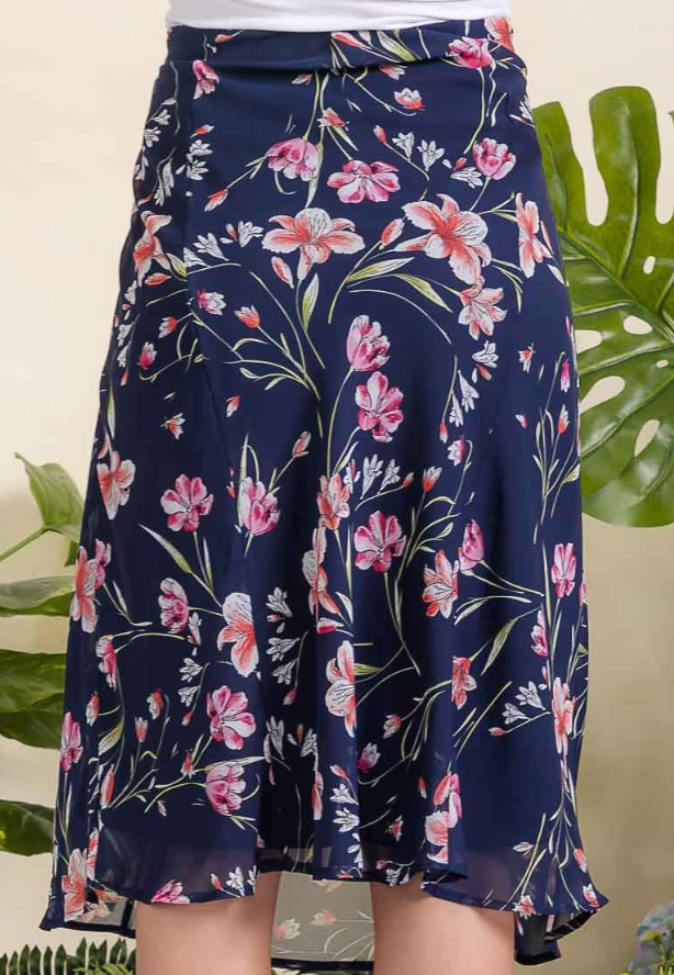 Floral Aline Chiffon Midi Skirt NAVY