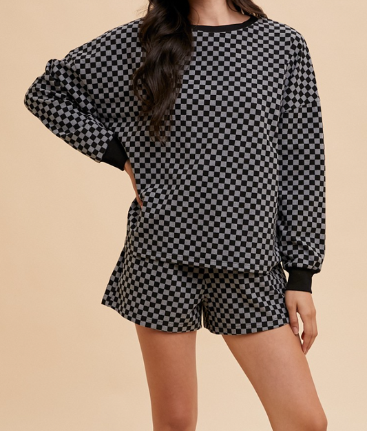 Checkered Brushed Pullover & Shorts Set
