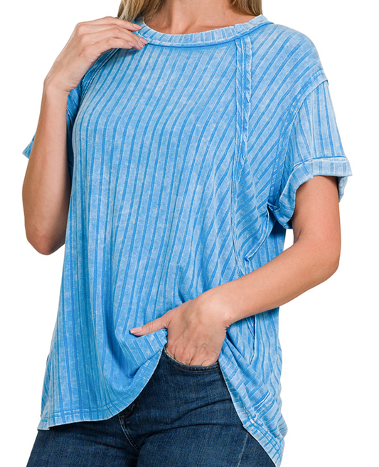 Acid Wash Rib Boat Neck Top SKY