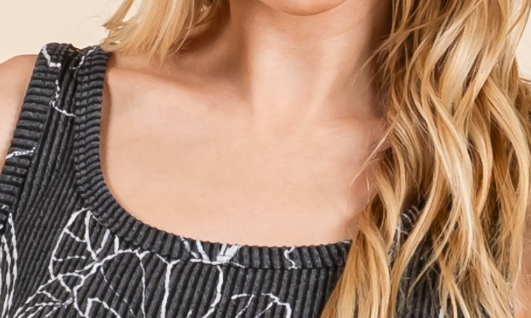 Floral Ribbed Tank BLACK