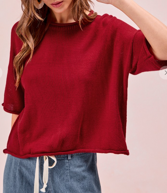 Roll Up Detail Sweater CRIMSON