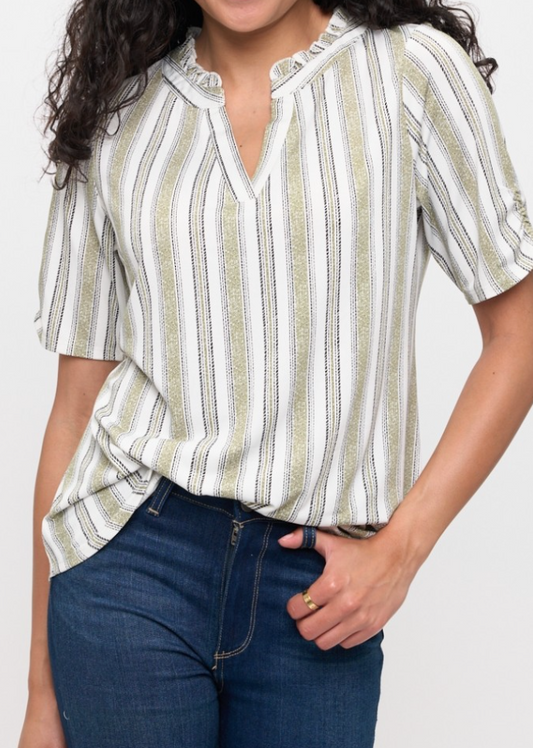 Stripe Ruffle Neck Pullover OLIVE