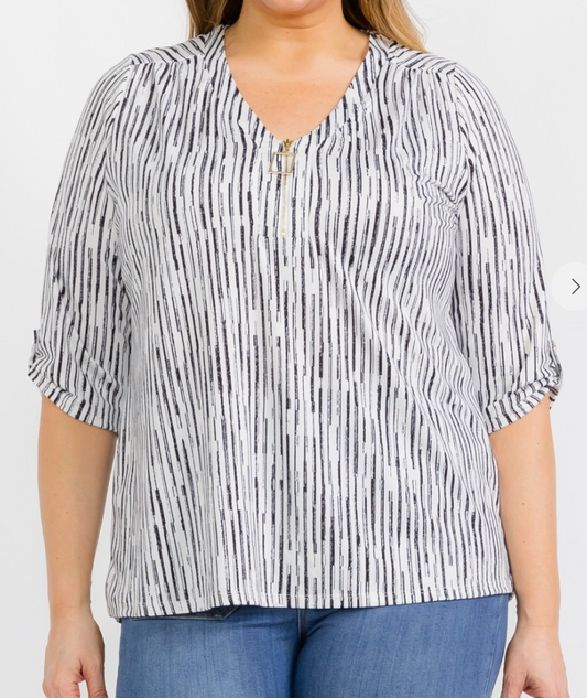 PS Square Zipper Pull Roll Tab Blouse B&W