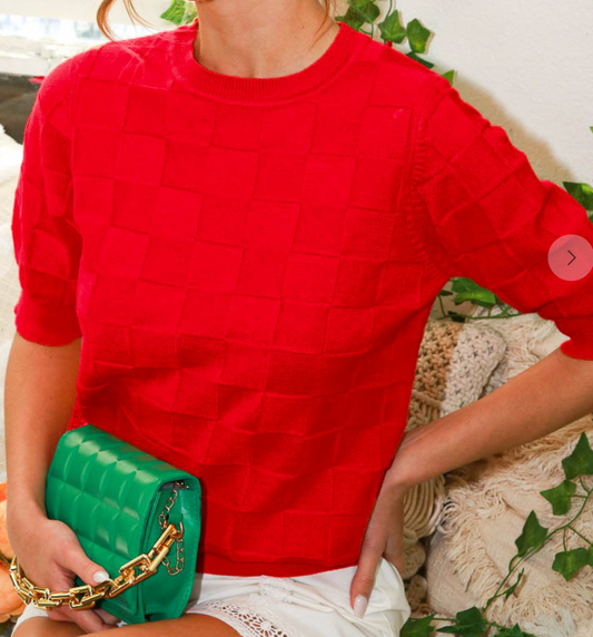 Checkered Short Sleeve Sweater RED