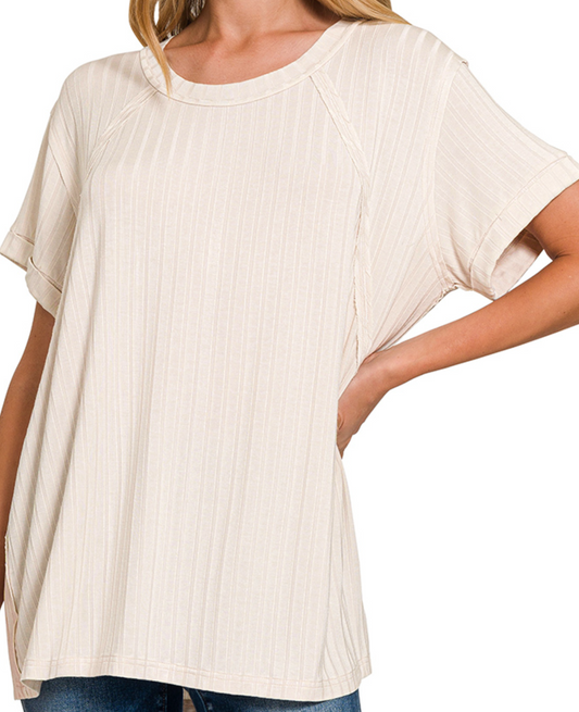 Acid Wash Rib Boat Neck Top SAND