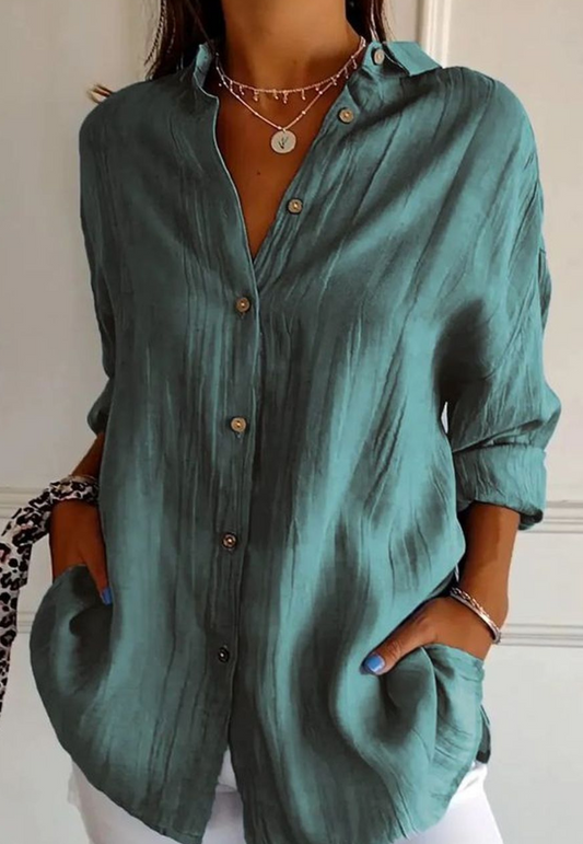 Ruched Lapel Button Down PEACOCK