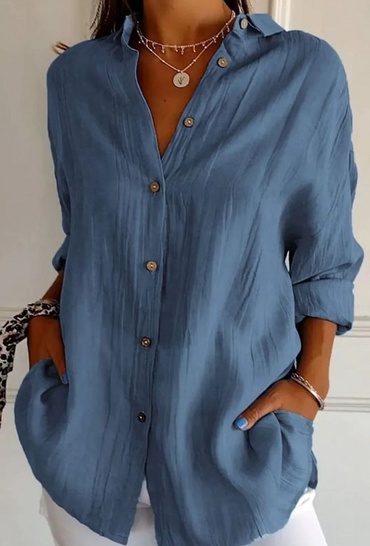 Ruched Lapel Button Down SEA BLUE