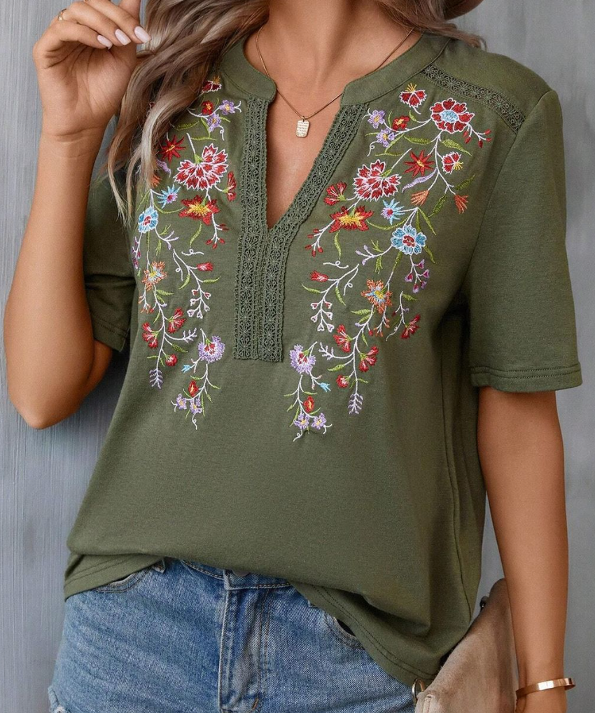 Embroidered V~Neck Floral Blouse ARMY
