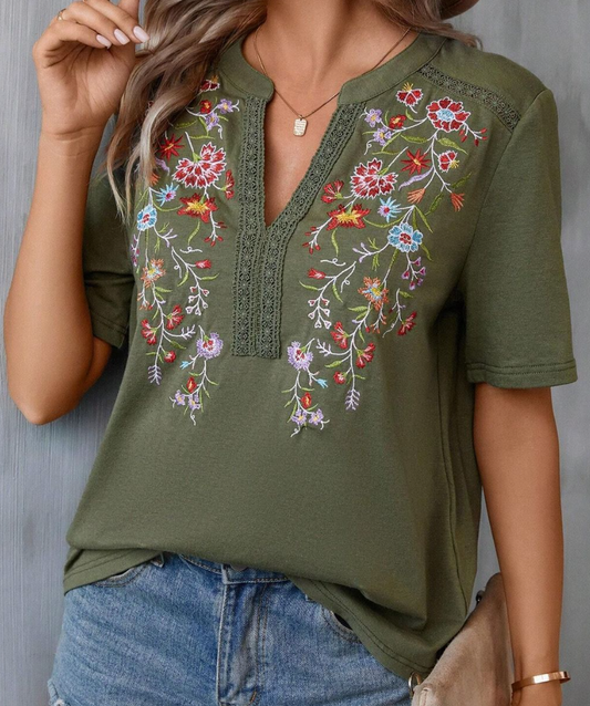 Embroidered V~Neck Floral Blouse ARMY