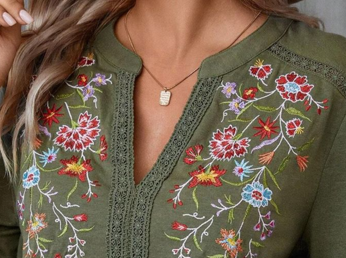 Embroidered V~Neck Floral Blouse ARMY