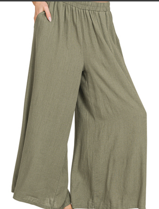 Linen Blend Wide Leg Pants OLIVE 24.5"