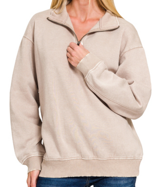 1/4 Zip Acid Wash Pullover MOCHA