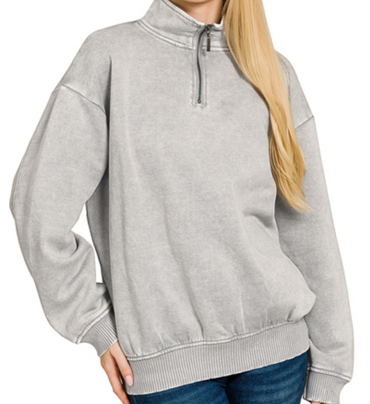 1/4 Zip Acid Wash Pullover SLEET