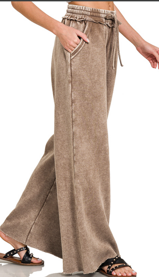 Acid Wash Palazzo Pants 30" MOCHA