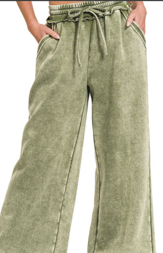 Acid Wash Palazzo Pants 30" OLIVE
