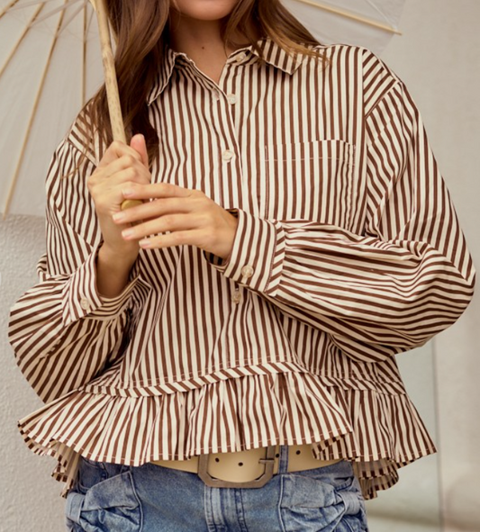 Stripes Raglan Puff Sleeves BROWN