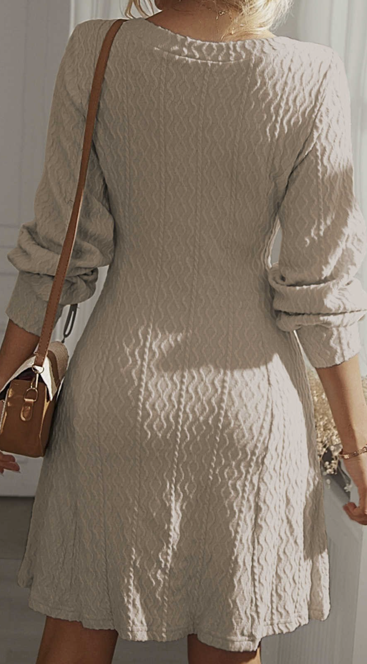 Textured V~Neck Midi Dress BEIGE