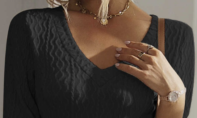 Textured V~Neck Midi Dress BLACK