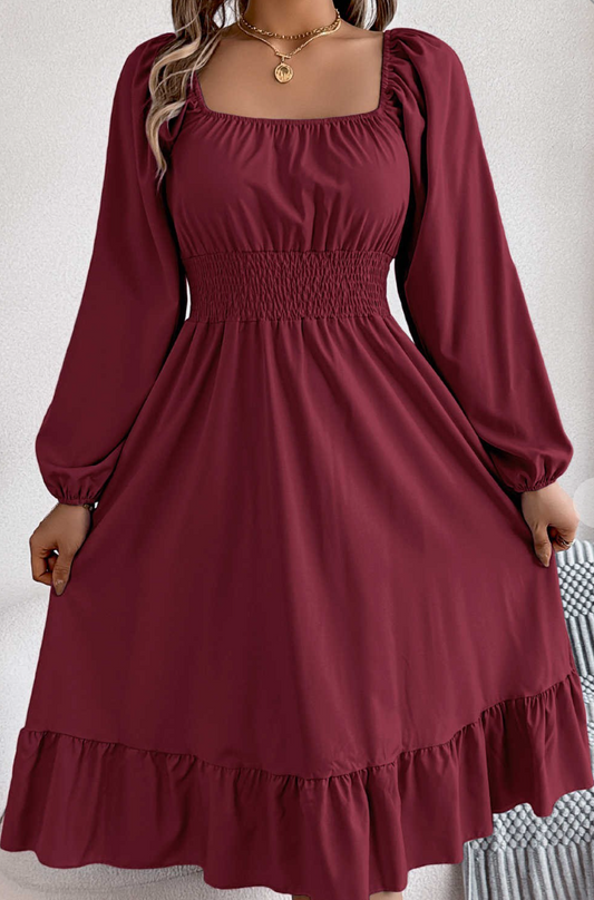 Square Neck Puff Sleeve Midi WINE