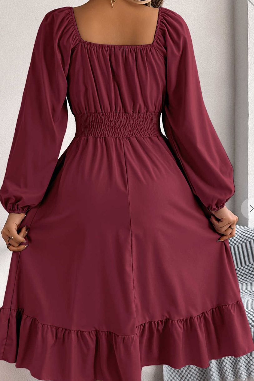 Square Neck Puff Sleeve Midi WINE