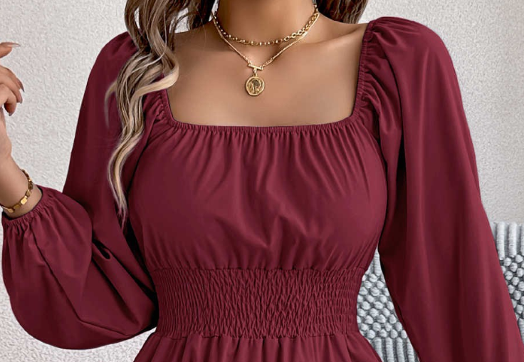 Square Neck Puff Sleeve Midi WINE